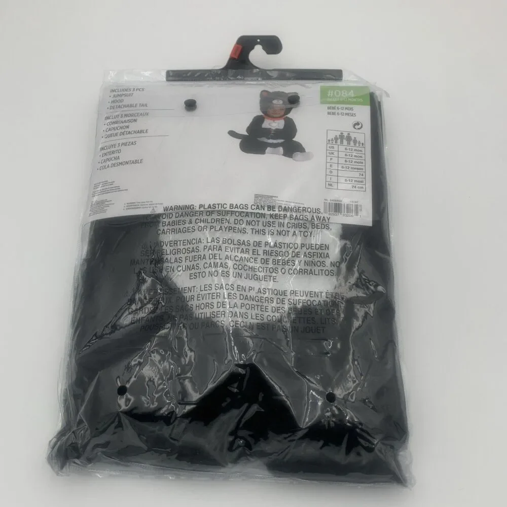 Cuddly Black Cat Baby Halloween Costume Size 6-12 Months New Jumpsuit Hood Tail